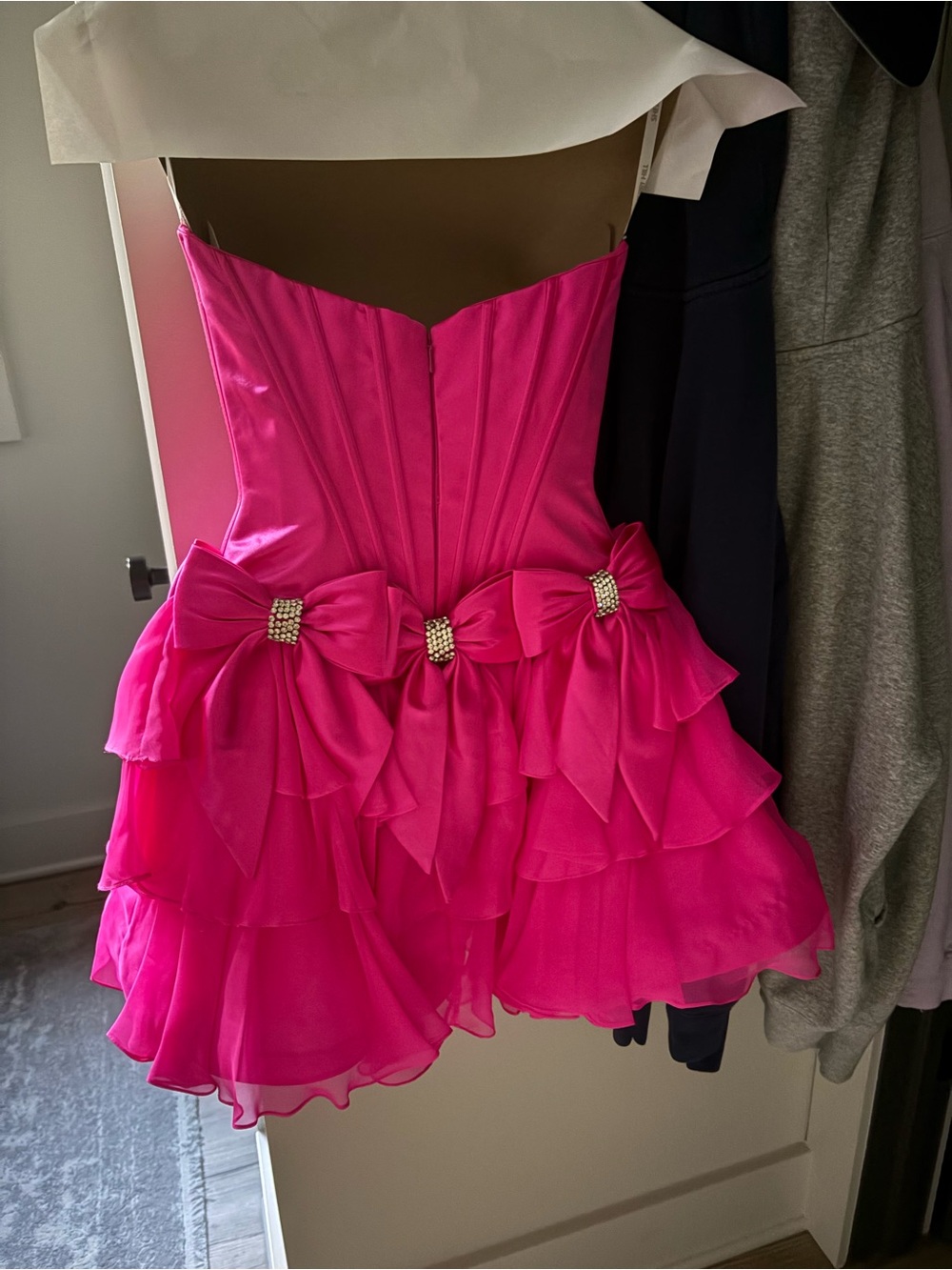 Sherri Hill Hot Pink Strapless Ruffle Bow Party Dress - Picture 2 of 3
